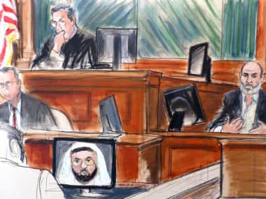In this Wednesday, March 19, 2014 courtroom sketch Osama bin Laden’s son-in-law, Sulaiman Abu Ghaith, right, testifies at his trial in New York. AP 