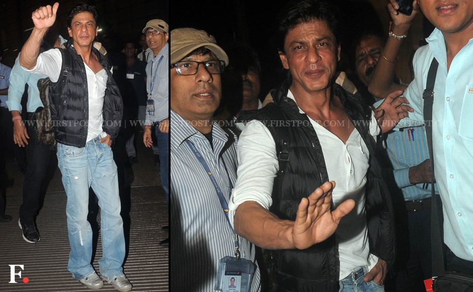 The ever-energetic Shah Rukh Khan gave a thumbs-up to his fans at the airport. Sachin Gokhale/Firstpost The ever-energetic Shah Rukh Khan gave a thumbs-up to his fans at the airport. Sachin Gokhale/Firstpost
