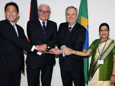 Sushma Swaraj with her counterparts at the UN. PTI