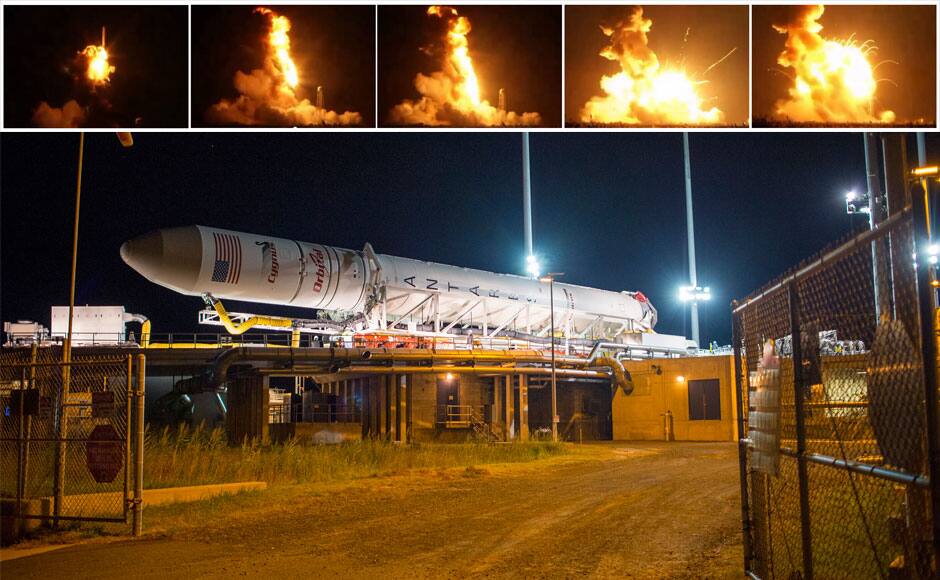 An unmanned Antares rocket is seen exploding seconds after lift off from a commercial launch pad in this combination of still images from NASA video at Wallops Island, Virginia October 28, 2014. REUTERS/NASA TV/Handout via Reuters