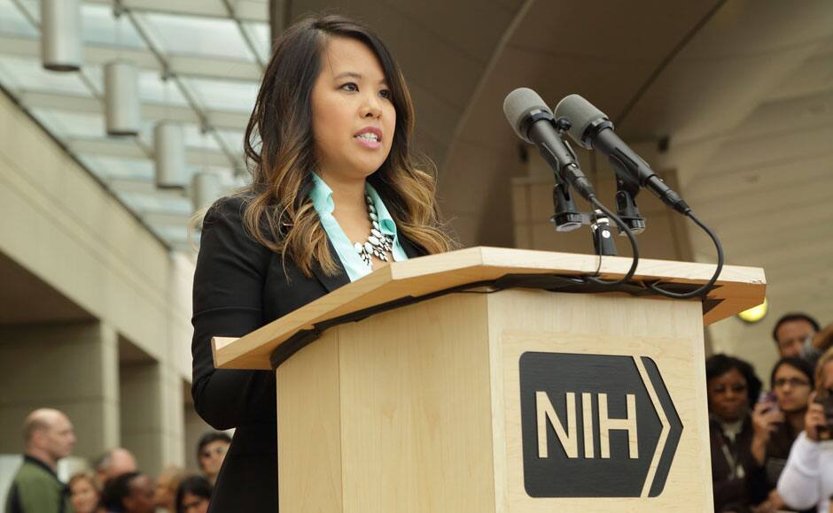 Dallas nurse Nina Pham speaks during a news conference at the National Institutes of Health (NIH) in Bethesda, Maryland in this October 24, 2014. Pham was discharged and declared Ebola-free on Friday after undergoing treatment at the NIH since October 16, 2014. REUTERS/National Institutes of Health/Handout via Reuters