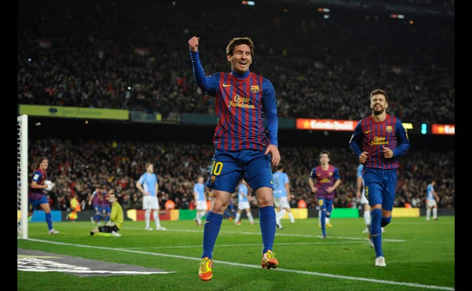 BARCELONA, SPAIN - JANUARY 04: Lionel Messi of FC Barcelona celebrates after scoring his team's third goal during the round of last 16 Copa del Rey 1st leg match between FC Barcelona and CZ Osasuna at Camp Nou on January 4, 2012 in Barcelona, Spain. (Photo by David Ramos/Getty Images)