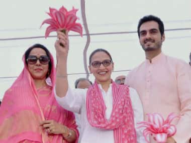 Hema Malini (left) with daughter Esha (centre) and son-in-law Bharat. PTI