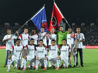 NorthEast Utd line up for their first home game of the ISL - against Kerala Blasters. Sportzpics/ISL