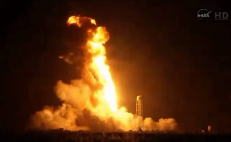 An unmanned Antares rocket is seen exploding seconds after lift off from a commercial launch pad in this still image from NASA video at Wallops Island, Virginia October 28, 2014. The 14-story rocket, built and launched by Orbital Sciences Corp, bolted off its seaside launch pad at the Wallops Flight Facility at 6:22 p.m. EDT/2222 GMT. It exploded seconds later. The cause of the accident was not immediately available. REUTERS/NASA TV/Handout via Reuters