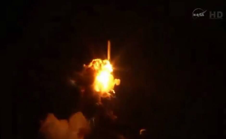 An unmanned Antares rocket is seen exploding seconds after lift off from a commercial launch pad in this still image from NASA video at Wallops Island, Virginia October 28, 2014. The 14-story rocket, built and launched by Orbital Sciences Corp, bolted off its seaside launch pad at the Wallops Flight Facility at 6:22 p.m. EDT/2222 GMT. It exploded seconds later. The cause of the accident was not immediately available. REUTERS/NASA TV/Handout via Reuters