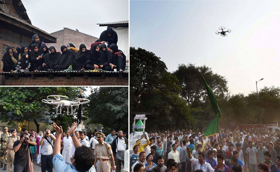 Police using a 'Drone' to keep a watch on a Muharram procession in tension hit Trilokpuri in New Delhi on Tuesday. PTI
