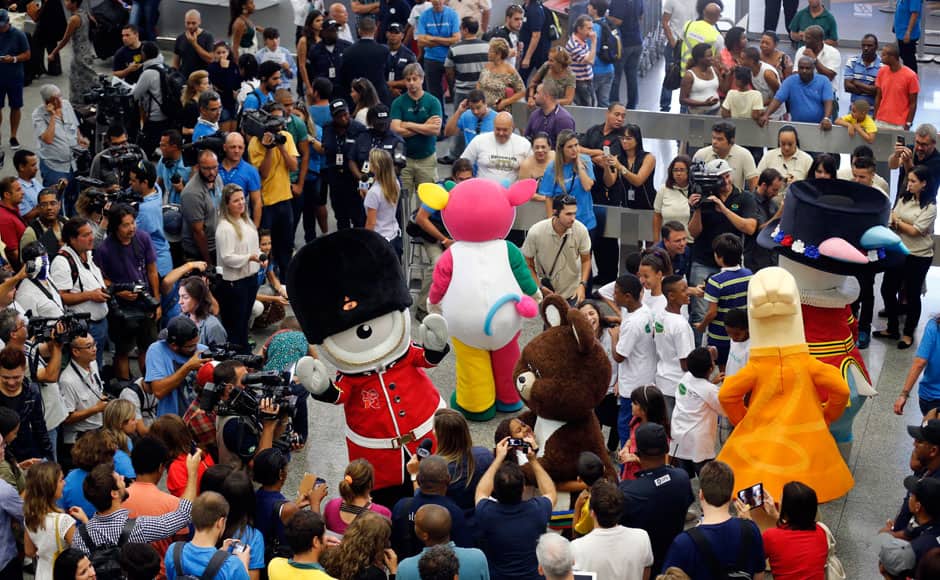 Mascots from other editions of the Summer Olympic Games Fu Niu Lele (L-R)(Beijing 2008) Wenlock (London 2012), Misha (Moscow 1980), Mandeville (London 2012) and Athena (Athens 2004) arrive at the International airport in Rio de Janeiro November 20, 2014. This is the first time that mascots from previous Olympic games are visiting the current Olympic host city, ahead of the first public appearance of the 2016 mascots. REUTERS