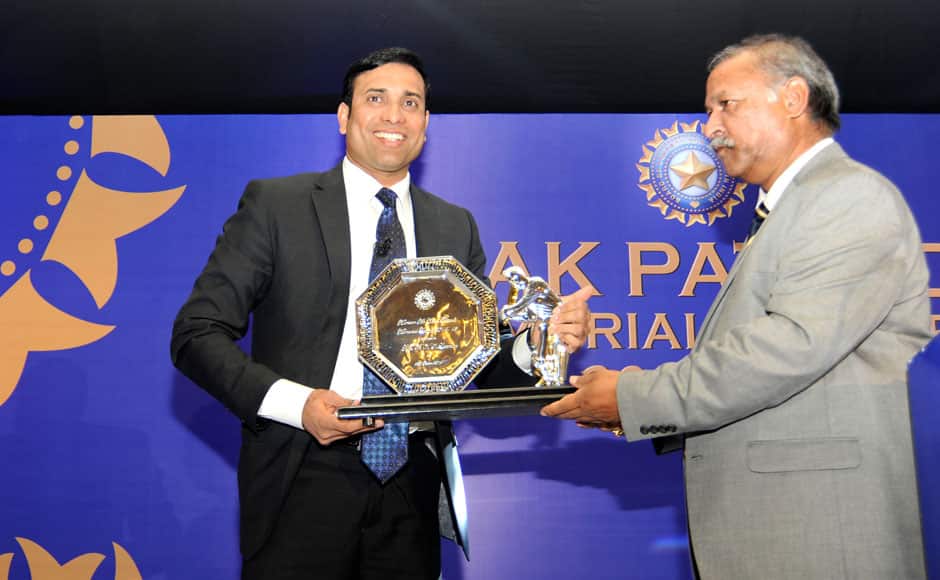 VVS Laxman former Indian cricketer is felicitated by Shivlal Yadav Interim President BCCI during the 3rd annual Pataudi-Memorial-Lecture held at the Taj Bengal Hotel in Kolkata on the 12th November 2014. Pal Pillai/ BCCI/ SPORTZPICS