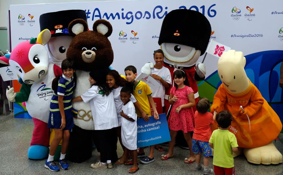 Mascots from other editions of the Summer Olympic Games Fu Niu Lele (L-R)(Beijing 2008) Wenlock (London 2012), Misha (Moscow 1980), Mandeville (London 2012) and Athena (Athens 2004) pose for pictures at the International airport in Rio de Janeiro November 20, 2014. This is the first time that mascots from previous Olympic games are visiting the current Olympic host city, ahead of the first public appearance of the 2016 mascots. REUTERS