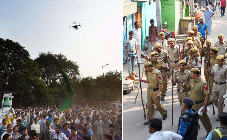 Police using a 'Drone' to keep a watch on a Muharram procession in tension hit Trilokpuri in New Delhi on Tuesday. PTI 
