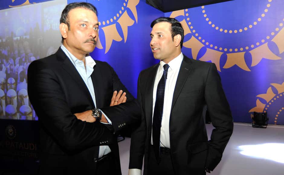 VVS Laxman former Indian cricketer (R) and Ravi Shashtri during the 3rd annual Pataudi-Memorial-Lecture held at the Taj Bengal Hotel in Kolkata on the 12th November 2014. Pal Pillai/ BCCI/ SPORTZPICS