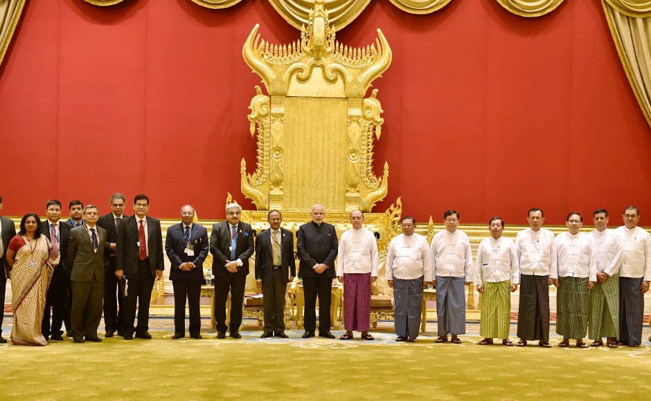Nay Pyi Taw: Prime Minister Narendra Modi and President of Myanmar, U Thein Sein along with officials during a meeting at Presidential Palace in Myanmar on Tuesday. PTI
