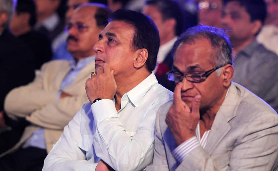 Sunil Gavaskar commentator and former Indian cricketer listens to VVS Laxman former Indian cricketer as the latter delievers a lecture during the 3rd annual Pataudi-Memorial-Lecture held at the Taj Bengal Hotel in Kolkata on the 12th November 2014. Pal Pillai/ BCCI/ SPORTZPICS