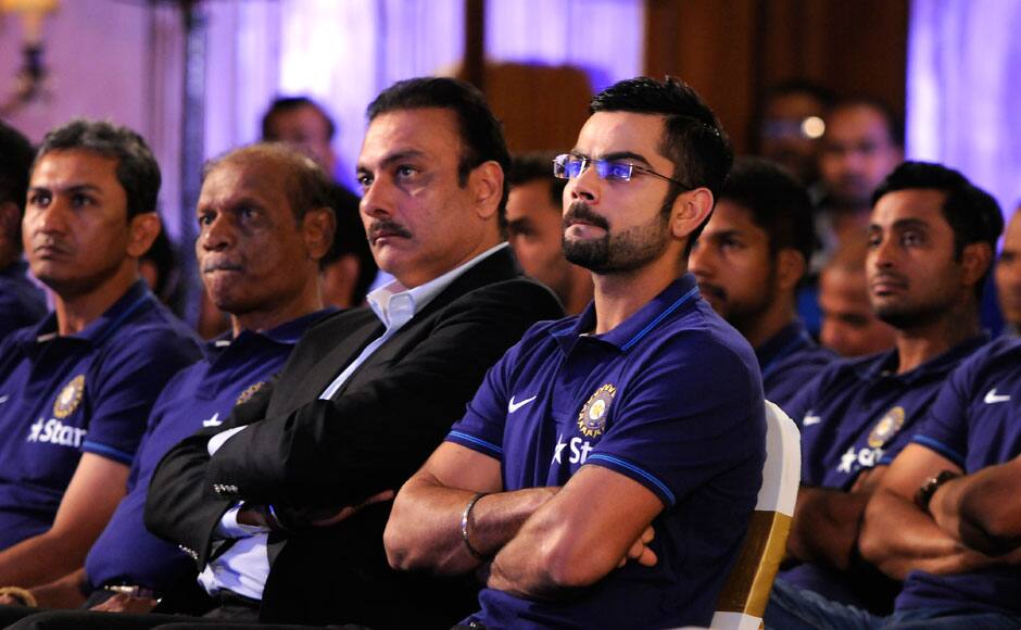 Virat Kohli, Indian cricket captain along with teammates and officials listen to VVS Laxman former Indian cricketer as the latter delievers a lecture during the 3rd annual Pataudi-Memorial-Lecture held at the Taj Bengal Hotel in Kolkata on the 12th November 2014. Pal Pillai/ BCCI/ SPORTZPICS