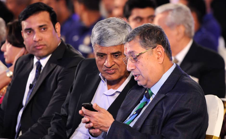 VVS Laxman former Indian cricketer (L to R) Sanjay Patel, secretary BCCI and N Srinivasan, chairman ICC during the 3rd annual Pataudi-Memorial-Lecture held at the Taj Bengal Hotel in Kolkata on the 12th November 2014. Pal Pillai/ BCCI/ SPORTZPICS