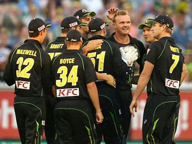 Doug Bollinger of Australia is congratulated by team mates after taking the wicket of Quinton de Kock of South Africa. Getty 