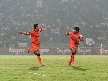 Gustavo dos Santos (L) of Delhi Dynamos FC celebrates his goal against the NorthEast United FC. Sportzpics