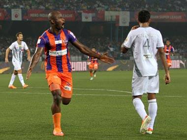Dudu celebrates a goal against Atletico de Kolkata. ISL