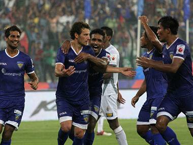 Elano Blumer of Chennaiyin FC celebrates with his teammates after scoring an injury time penalty against Atletico de Kolkata . HISL