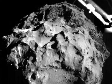 The picture released by the European Space Agency ESA on Wednesday, Nov. 12, 2014 was taken by the ROLIS instrument on Rosetta's Philae lander during descent from a distance of approximately 3 km from the 4-kilometer-wide (2.5-mile-wide) 67P/Churyumov-Gerasimenko comet. AP