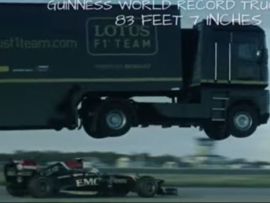 Just for fun: Semi-truck breaks world record by jumping over speeding F1 car Just for fun: Semi-truck breaks world record by jumping over speeding F1 car