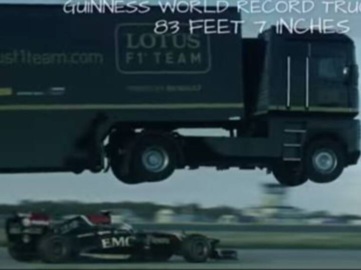 Just for fun: Semi-truck breaks world record by jumping over speeding F1 car