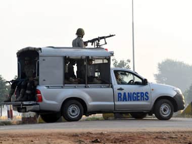 Pak Rangers patrol Wagah after the blasts. AFP