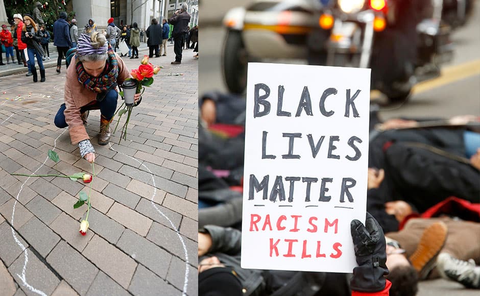 (L) Jennifer Myers, one of the demonstrators protesting the deaths of two unarmed black men at the hands of white police officers in New York City and Ferguson, Mo. lays a rose in a symbolic chalk body outline during a march through Pittsburgh. (R) A demonstrator holds up a sign as he lays in the street with others protesting the deaths of two unarmed black men at the hands of white police officers in New York City and Ferguson, Mo. during a march through Pittsburgh on Thursday, Dec. 4, 2014. AP