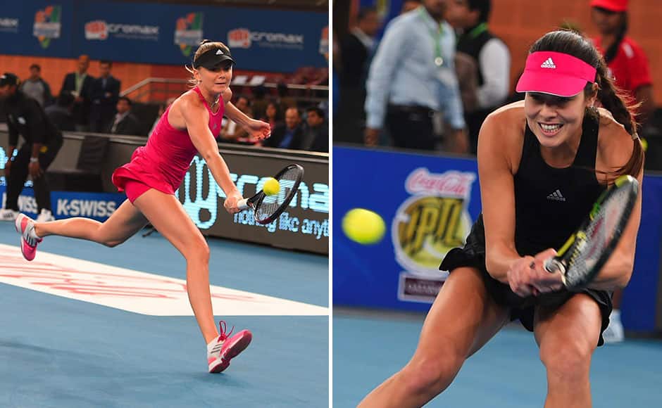 (L) New Delhi: Micromax India Aces, Daniela Hantuchová during the women singles match against Singapore Slammers at the International Premier Tennis League (IPTL) at IGI stadium in New Delhi on Sunday. (R) New Delhi: Micromax India Aces, Ana Ivanovic during the women singles match against Singapore Slammers at the International Premier Tennis League (IPTL) at IGI stadium in New Delhi on Sunday. PTI