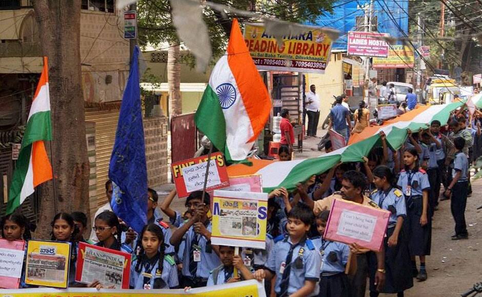 Hyderabad: School children take out a rally against the killing of school children in terror attack in Pakistan, in Hyderabad on Wednesday. PTI