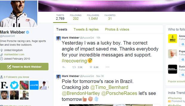 Mark Webber said he was lucky to be alive. Courtesy: Twitter