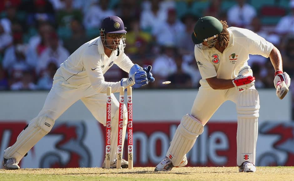 Andrew Symonds of Australia survives a stumping attempt by MS Dhoni of India during day one of the Second Test match between Australia and India at the Sydney Cricket Ground on January 2, 2008 in Sydney, Australia. But not many have been as lucky as Symonds. Dhoni holds the world record for number of stumpings in international cricket - with 134. Getty Images