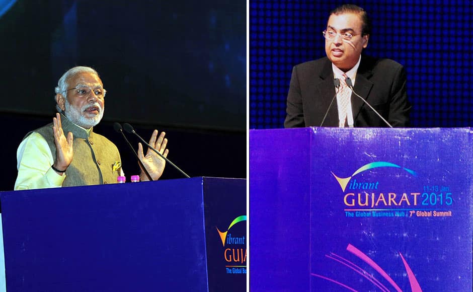 (L) The Prime Minister, Shri Narendra Modi addressing at the inauguration ceremony of the 7th Vibrant Gujarat Global Summit 2015. PIB. (R) Industrialist Mukesh Ambani during the Vibrant Gujarat Global Summit 2015, in Gandhinager on Sunday. PTI 
