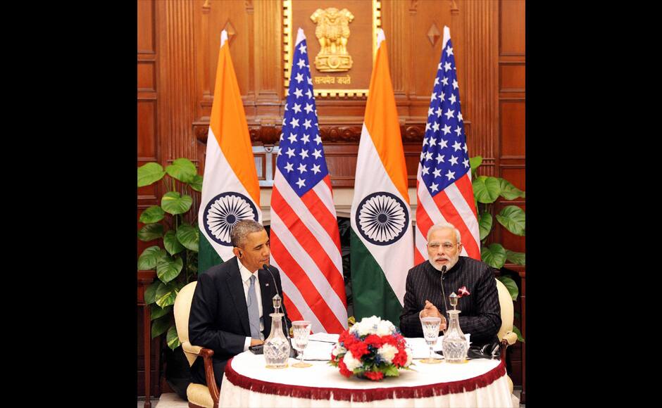 New Delhi: President Barack Obama and PM Narendra Modi recording 'Mann Ki Baat' show in New Delhi. PTI