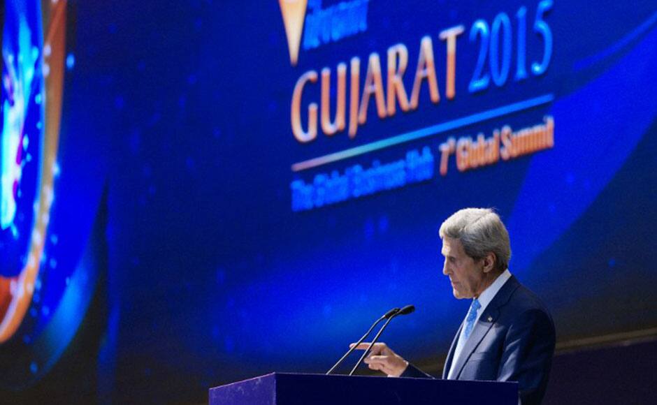 US Secretary of State John Kerry speaks at the Vibrant Gujarat Summit 2015 in the Indian city of Ahmedabad on January 11, 2015. Top US diplomat John Kerry vowed that no act of terror would halt 
