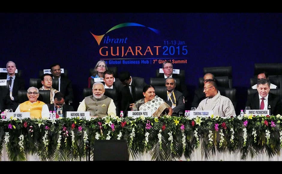 Gandhinagar: Prime Minister, Narendra Modi with Gujarat chief minister Anandiben Patel, and Governor of Gujarat, O.P. Kohli and other dignitaries at Vibrant Gujarat Global Summit 2015 in Gandhinagar, Gujarat on Sunday. PTI 