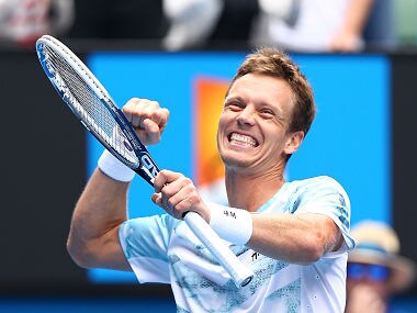 Tomas Berdych celebrates winning his quarterfinal match against Rafael Nadal. Getty