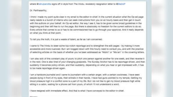 Rahul Pandita's resignation letter to The Hindu's Malini Parthasarthy goes viral