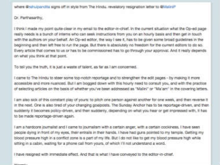 Rahul Pandita's resignation letter to The Hindu's Malini Parthasarthy goes viral
