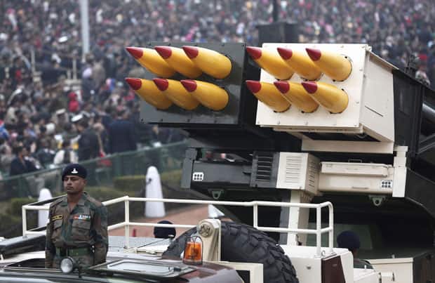 Indian Army's Pinaka multi barrel rocket launcher systems are displayed during a full dress rehearsal for the Republic Day parade in New Delhi on 23 January 2015.