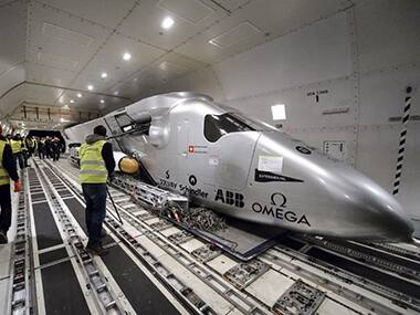 The Cockpit element of the solar-powered plane the Solar Impulse 2 is secured in place after being loaded to Cargolux Boeing 747 cargo aircraft at Payerne airport. AFP