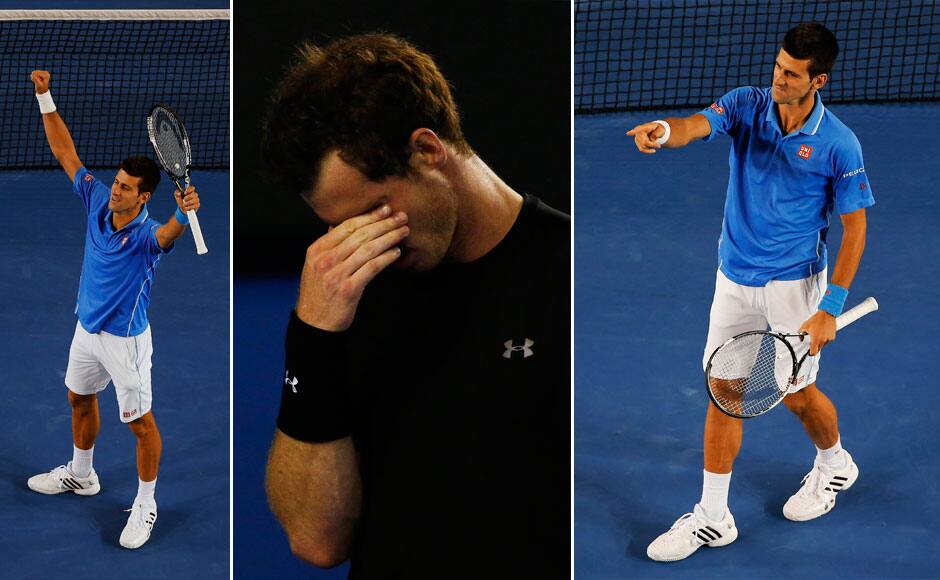 Andy Murray during their men's singles final. Novak Djokovic of Serbia celebrates after defeating Andy Murray of Britain in their men's singles final match at the Australian Open 2015 tennis tournament in Melbourne February 1, 2015. REUTERS