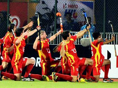 Players of Ranchi Rays celebrate their goal against Kalinga Lancers during their Hockey India League match in Ranchi. PTI