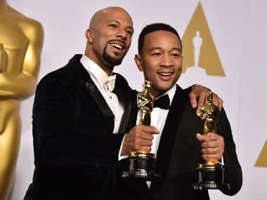 Common, left, and John Legend pose in the press room with the award for best original song in a feature film for “Glory” from “Selma”. AP 