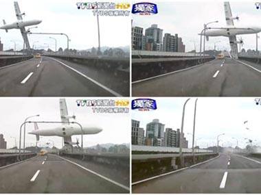 A series of images taken from video provided by TVBS show a commercial airplane clipping an elevated roadway. AP
