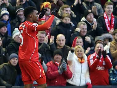 Liverpool's Daniel Sturridge celebrates scoring on his return to the first team. AP