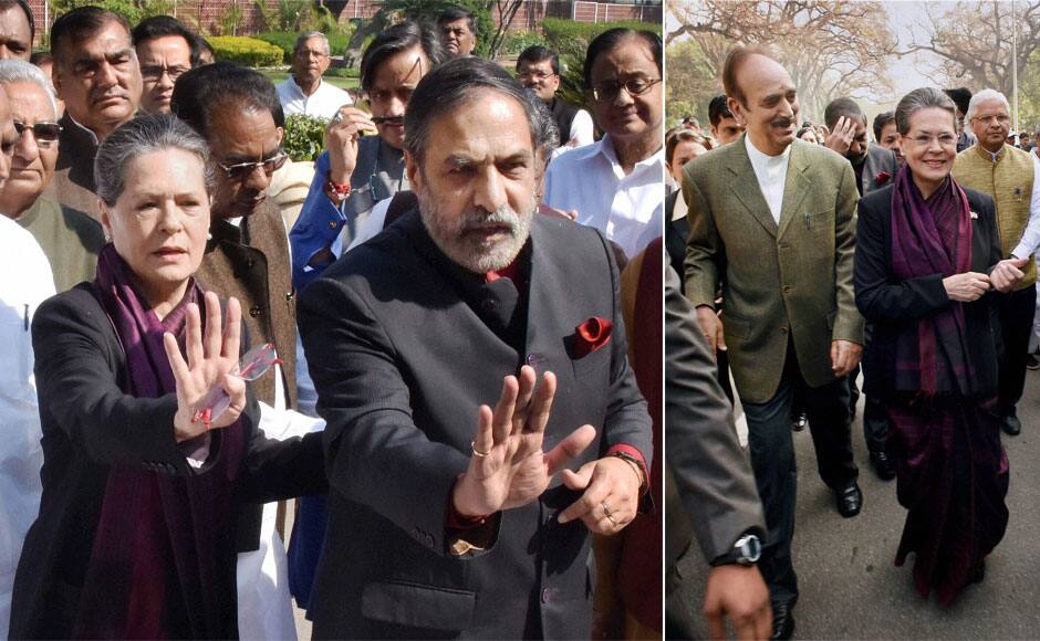 Congress President Sonia Gandhi leads a march of party leaders from the AICC headquarters to the residence of former Prime Minister Manmohan Singh in New Delhi on Thursday to express solidarity with him. Singh has been summoned as accused by a court in a coal scam case. PTI 