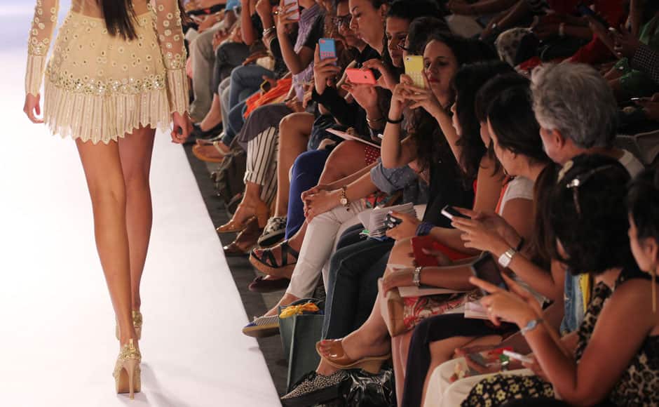 A model walks the ramp displaying an outfit by Indian designer Arpita Mehta, during the Lakme Fashion Week Summer/Resort 2015, in Mumbai, India on March 21, 2015. Solaris Images