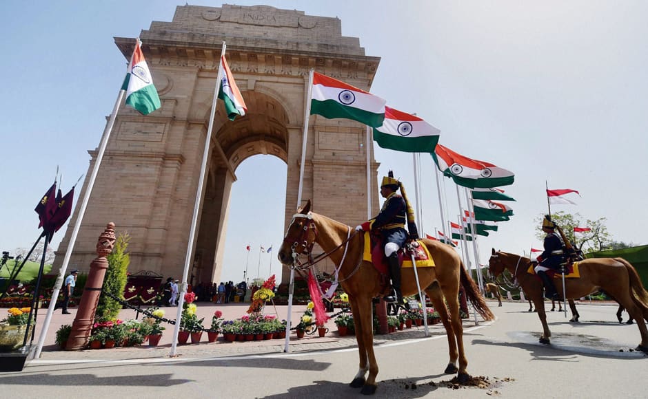 New Delhi: President's bodyguards after the wreath laying ceremony at India Gate war memorial during centenary commemoration of World War I, in New Delhi on Monday. PTI 